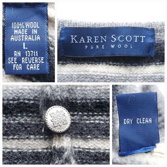 Karen Scott Cardigan Sweater Size L HOLES Gray 100% Wool Striped Button Up FLAWS - Picture 4 of 11